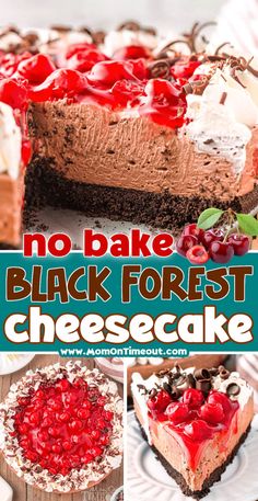 This no bake Black Forest Cheesecake recipe is so creamy and rich, it's the perfect treat for any occasion! The no bake chocolate cheesecake sits on an Oreo crust and is topped with cherry pie filling and whipped cream. Sure to be a hit with friends and family! | MomOnTimeout.com Blackforest Cheesecake Recipes, Black Forest Cheesecake Recipe, Forest Desserts, Mom On Timeout Recipes, No Bake Cheesecake Recipes, Dessert List, Freezer Desserts, Black Forest Cheesecake, No Bake Cheesecakes