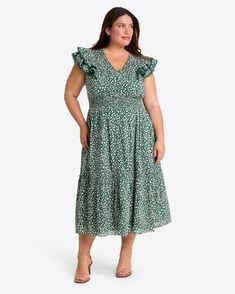 Spring Floral Print V-neck Smocked Dress, Casual V-neck Smocked Dress With Floral Print, Casual V-neck Smocked Dress With Ruffles, Casual Smocked V-neck Dress With Ruffle Hem, Green V-neck Smocked Dress With Ruched Details, Green V-neck Smocked Ruched Dress, Casual V-neck Smocked Dress With Ruffle Hem, Casual Green V-neck Smocked Dress, Green V-neck Midi Dress With Smocked Bodice