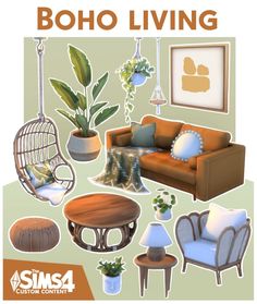 an advertisement for boho living with furniture and plants