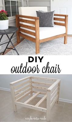 a diy outdoor chair made out of pallets and wood with text overlay reading diy outdoor chair