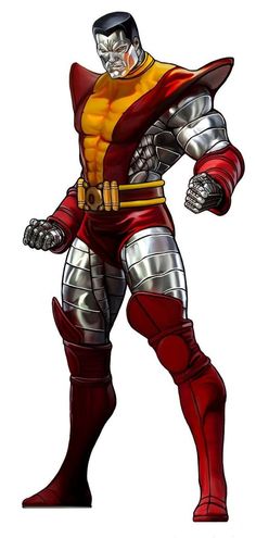 a drawing of a man in red and silver armor with his hands out to the side