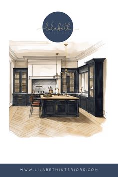 a watercolor painting of a kitchen with black cabinets and an island in the middle