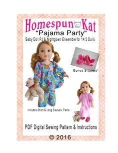 the doll is wearing pajamas and holding a stuffed animal in her hand, with instructions for sewing