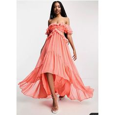 Asos Design Tall Ruffle Cut Out Off The Shoulder Maxi Dress With Hi Low Hem In Coral Off-Shoulder Style Frill Sleeves Zip-Back Fastening Regular Fit Chiffon: Sheer, Lightweight Fabric With A Grainy Feel Lining: 100% Polyester, Shell: 100% Polyester. Retails $85 Nwt Pink Maxi Dress With Ruffle Hem For Vacation, Pink Ruffle Hem Maxi Sundress, Pink Ruffle Hem Sundress Maxi Dress, Flirty Pink Ruffled Maxi Dress, Chic Pink Maxi Dress With Ruffle Hem, Feminine Pink Maxi Dress With Ruffle Hem, Pink Off-shoulder Sundress Maxi Dress, Pink Maxi Dress With Ruffle Hem, Summer Pink Tiered Maxi Dress