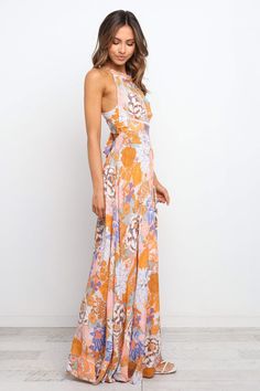 Newell Dress - Orange - Petal & Pup USA Flare Dresses, Split Long Dress, Open Neck, Halter Maxi, Halter Maxi Dresses, Sleeveless Maxi Dress, Boho Floral, Floral Maxi, High Neckline