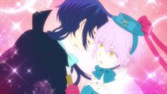 two anime characters one is kissing the other has purple hair and blue eyes, wearing black clothes