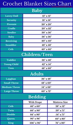 the size chart for crochet blanket sizes chart, with instructions to choose from