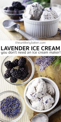 lavender ice cream in small bowls with spoons on the side and blueberries next to it