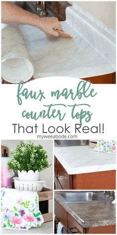 a collage of photos with the words faux marble counter tops that look real on it