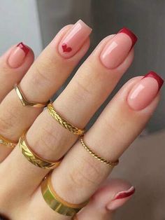 Red French Manicure, Red Acrylic Nails, Thanksgiving Nails, Minimalist Nails, Heart Nails, Short Acrylic Nails, French Tip Nails, Valentine's Day Nails