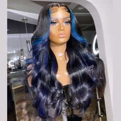 Styled Wigs, Highlight Hair, Lace Fronts, Front Hair, Blue Wig, Blue Highlights, Wave Wig, Human Virgin Hair, Colored Wigs