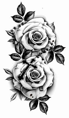 two roses with leaves and a cross tattoo design