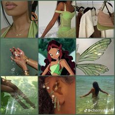 the collage has pictures of different women in bikinis and fairy dresses, including a woman