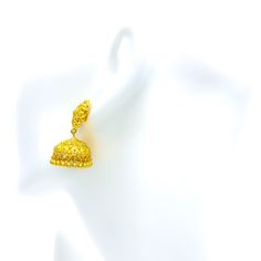 These 22k gold jhumki earrings, weighing 13.2 grams, feature a versatile dangling flower design, beautifully finished in radiant yellow gold. The earrings extend to a length of 1.5 inches and are secured with screw back posts, ensuring both elegance and comfort. The floral motif adds a touch of nature-inspired beauty, making these earrings a perfect accessory for both casual and formal occasions. Ideal for those who appreciate the timeless appeal of gold and the charm of intricate designs, these earrings are a testament to exquisite craftsmanship, offering a blend of traditional elegance and contemporary style. Product Details Gold Purity(karat): 22k Gold Weight(grams): 13.2 Item Finish: Yellow Gold Earring Style: Hanging/Jhumki Earring Length: ﻿1.5" Earring Post: Screw Back Jhumki Earrings, Earring Post, Gold Earring, Yellow Gold Earring, Intricate Designs, 22k Gold, Flower Design, Floral Motif, Formal Occasion