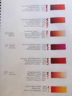 the color chart for different shades of red, orange, and yellow is shown in this page