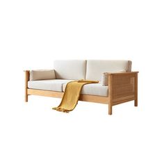 a white couch with a yellow throw blanket on it's back and the seat is made out of wood