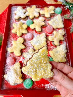 a person holding up a piece of christmas tree shaped cookies in front of them on a red tray