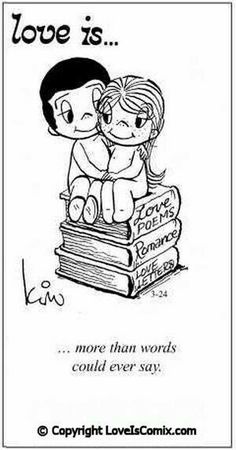 a black and white drawing of two children sitting on books with the caption love is more than words could ever say