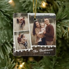 an ornament hanging from a christmas tree with three photos on it and the words the andersons