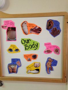 a bulletin board with pictures of baby's body and handwritten words on it