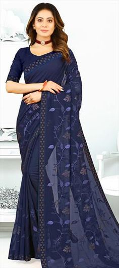 Blue color Saree in Georgette fabric with Thread, Weaving, Zari work Blue Saree Fabric For Festive Occasions, Elegant Festive Blue Fabric, Elegant Blue Fabric For Festive Season, Blue Traditional Wedding Fabric, Traditional Blue Wedding Fabric, Elegant Blue Fabric For Festive Occasion, Formal Blue Saree With Resham Embroidery, Blue Wedding Fabric With Pallu, Reception Saree