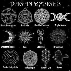 an image of different types of pentagramn designs on a black background with stars and moon