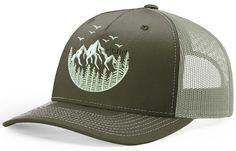 High quality Richardson 112 Trucker hat. Structured, mid-profile, six-panel cap with snapback fitting. Artfully embroidered caps with the Mountain Hat Edition artwork from the Outdoor Hat Series by Horn Gear. 100% satisfaction guaranteed. If you love the outdoors, hunting, fishing, or hiking, express yourself with this stylish and high airflow cap. Outdoor Snapback Baseball Cap, Green Outdoor Fitted Hat, Green Fitted Hat For Outdoor, Casual Flat Brim Trucker Hat For Hunting, Casual Flat Bill Snapback Hat For Hunting, Trucker Snapback Hat For Outdoor, Hunting Snapback Trucker Hat, Adjustable Hunting Baseball Cap With Flat Bill, Adjustable Snapback Trucker Hat For Hunting