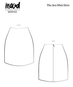 the front and back view of a mini skirt sewing pattern, with measurements for each side