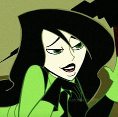 an animated image of a woman with green eyes wearing a black hat and holding her hand up