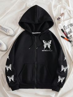 Butterfly & Letter Graphic Zip Up Thermal Lined Drawstring Hoodie,Long Sleeve Tops Black Casual  Long Sleeve Fabric Letter,Butterfly Zip Up Slight Stretch Fall/Winter Women Clothing, size features are:Bust: ,Length: ,Sleeve Length: Winter Hoodies Womens, Cute Zip Up Hoodie, Zipper Hoodie Women, Gothic Butterfly, Hoodie With Zipper, Black Hoodie Women, Stylish Hoodies, Women Sweatshirts, Lined Hoodie