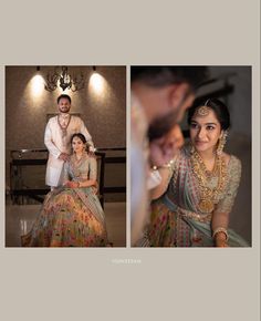 a couple posing for pictures in their wedding outfits