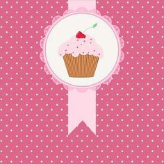 a cupcake with a cherry on top is in the middle of a pink polka dot background