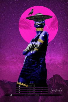 a woman in purple and black with a bird on her head, standing next to mountains