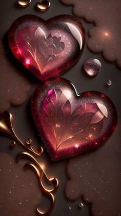 two hearts are floating in the air with water droplets on them and gold swirls around them