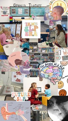 a collage of photos with people and pictures on them, including children's artwork