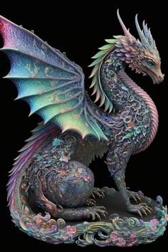 a colorful dragon statue sitting on top of a black surface with its wings spread out