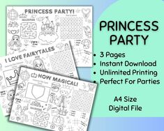 princess party printables for kids to color and fill in with the word, i love fairy