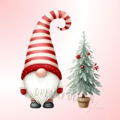 a gnome next to a christmas tree with a red and white striped hat on it