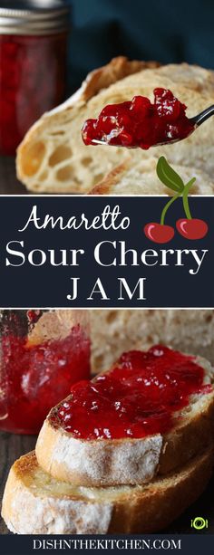 a close up of bread with jam on it and the words amarbella sour cherry jam