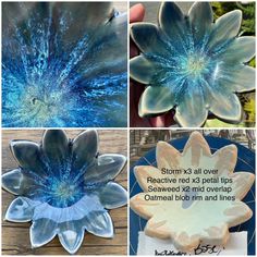 blue flowers are shown in four different pictures