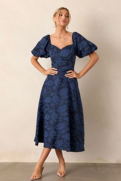 Elevate your evening wear with our Starlit Evenings Navy Floral Jacquard Midi Dress. The intricate... Queen Anne Neckline Dress, Shirt Dress Fall, Queen Anne Neckline, Preppy Girls, Jacquard Design, Navy Floral Dress, Red Dress Boutique