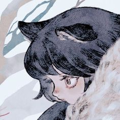 a drawing of a girl with black hair and a wolf's head on her shoulder