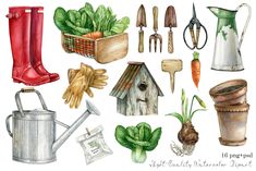 a watercolor painting of gardening related items