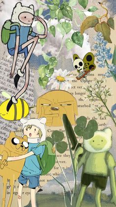 an altered collage of cartoon characters and plants