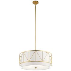 a gold chandelier hanging from the ceiling with white shades on it and a circular light fixture