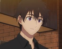 an anime character with black hair and blue eyes looking at the camera while standing in front of a brick wall