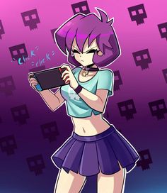 a cartoon girl with purple hair holding a tablet in front of her face and writing on the screen