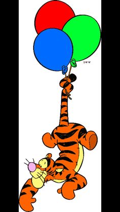 an image of a cartoon character holding balloons in the air with a tiger on it's back