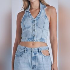 Upcycle Denim, Denim Photoshoot, Denim Halter Top, Denim Crop Top, Fire Fits, Notch Collar, Halter Crop Top, Top Light, Light Blue Denim