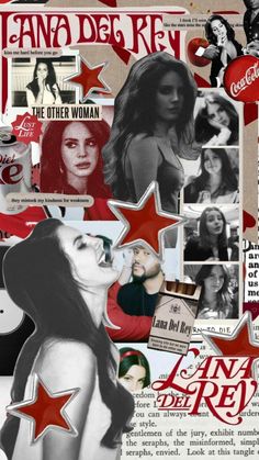 a collage with many different pictures and words on it's side, including stars